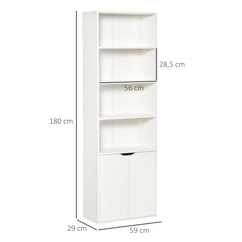 HOMCOM Estante para Livros com 4 Compartimentos Abertos e 1 Armário com 2 Prateleiras Armazenamento Livros Plantas para Sala de Estar Escritório 59x29x180cm Branco