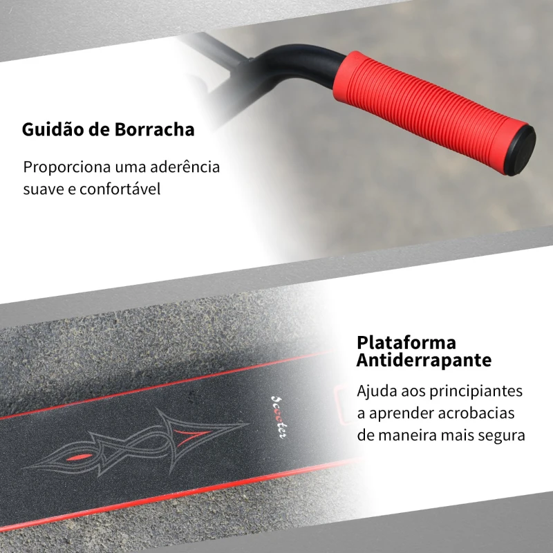HOMCOM Trotinete de Acrobacias e Saltos Trotinete Freestyle para Adolecentes acima de 14 anos e Adultos Carga 100kg 68x46x84cm Vermelho