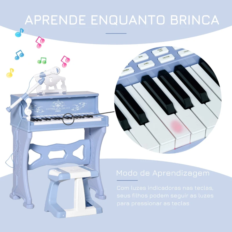 HOMCOM Piano Elétrico Infantil de 37 Teclas Conjunto de Piano com Microfone Banco Luzes e 22 Canções USB/MP3/Bluetooth Karaokê 53,5x27x63cm Azul