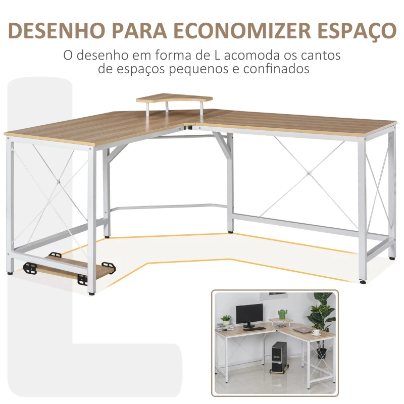 HOMCOM Secretária de Escritório em Forma de L Secretária com Suporte para CPU e Estrutura de Reforço em Forma de X 150x150x76cm Madeira e Branco