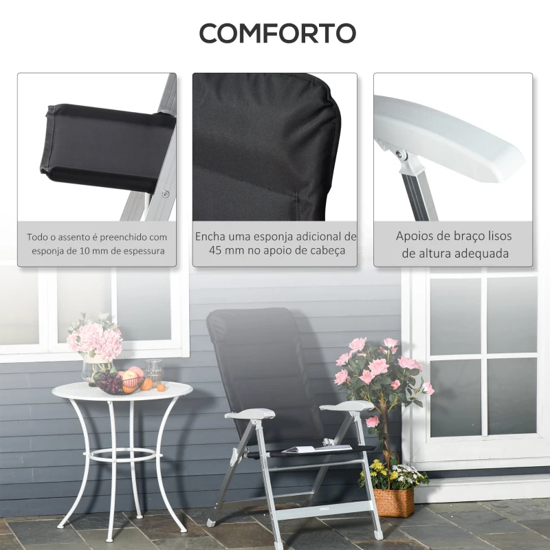Outsunny Cadeira de jardim dobrável de alumínio com encosto alto ajustável de 7 posições e encosto de cabeça acolchoado 75x61,5x114,5 cm Preto