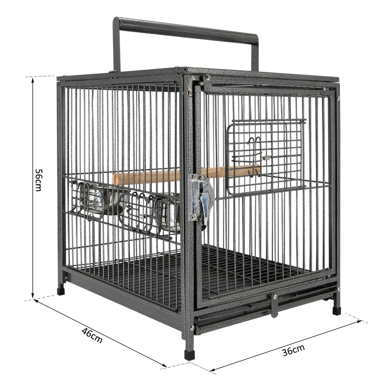 PawHut Gaiola de pássaro metálica espaçosa para papagaios interiores ou exteriores com 4 portas 2 alimentadores de aço inoxidável removíveis Fácil de transportar 46x36x56cm