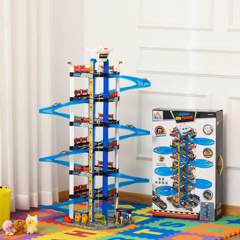 HOMCOM Estacionamento Infantil de 7 Andares Garagem de Brinquedo Inclui Elevador Elétrico com Luz e Sons Dupla Pista e 4 Carros de Corrida para acima de 3 Anos 64x59x113cm Azul e Branco