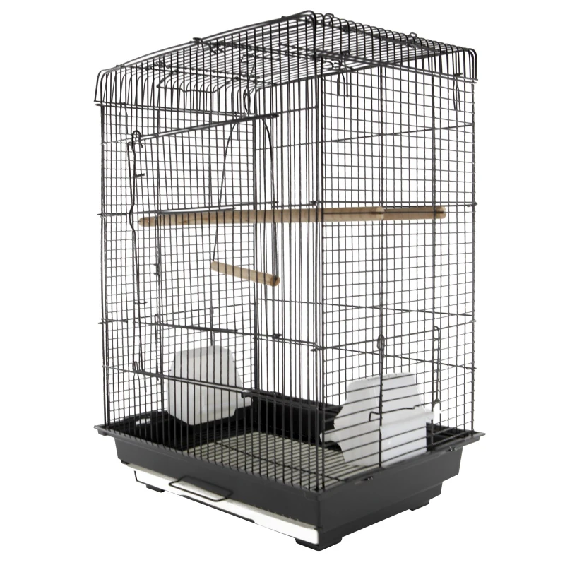 PawHut Gaiola para Pássaros Espaçosa Gaiola para Pássaros com Teto Abatível 2 Poleiros Baloiço e Comedouros para Interior Exterior 41,5x29,5x56,5cm Preto
