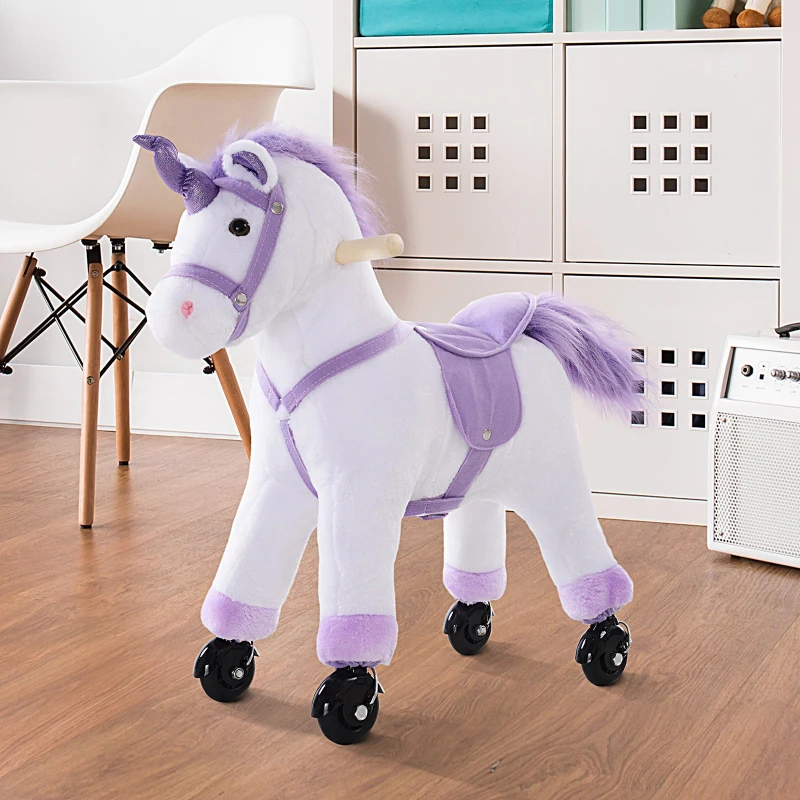HOMCOM  Cavalo Pônei Mecânico para Montar Balancim com Rodas Brinquedo de Pelúcia Cavalo com Sons 55x23x60cm