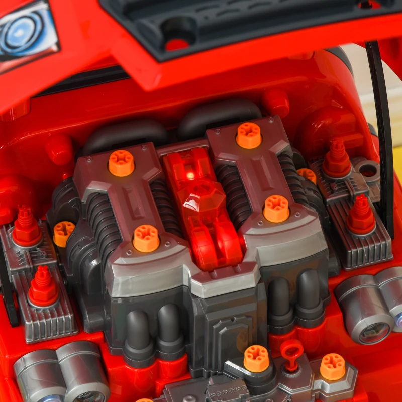 HOMCOM Motor de Caminhão para Crianças acima de 3 Anos Conjunto de Motor de Brinquedo com 61 Peças Volante Buzina Faróis Caixa de Armazenamento e Rodas 40x39x47cm Vermelho