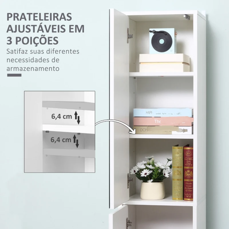 Kleankin Coluna Casa de Banho com Espelho Móvel Alto Casa de Banho com 2 Portas e Prateleiras Interiores Ajustáveis Multiúso para Cozinha Sala de Estar 32x28x162cm Branco