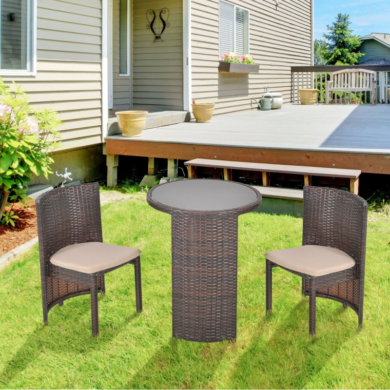 Outsunny Conjunto de móveis de jardim de vime 3 peças com 1 mesa de centro e 2 cadeiras com almofadas para terraço  Fácil armazenamento Aço Marrom