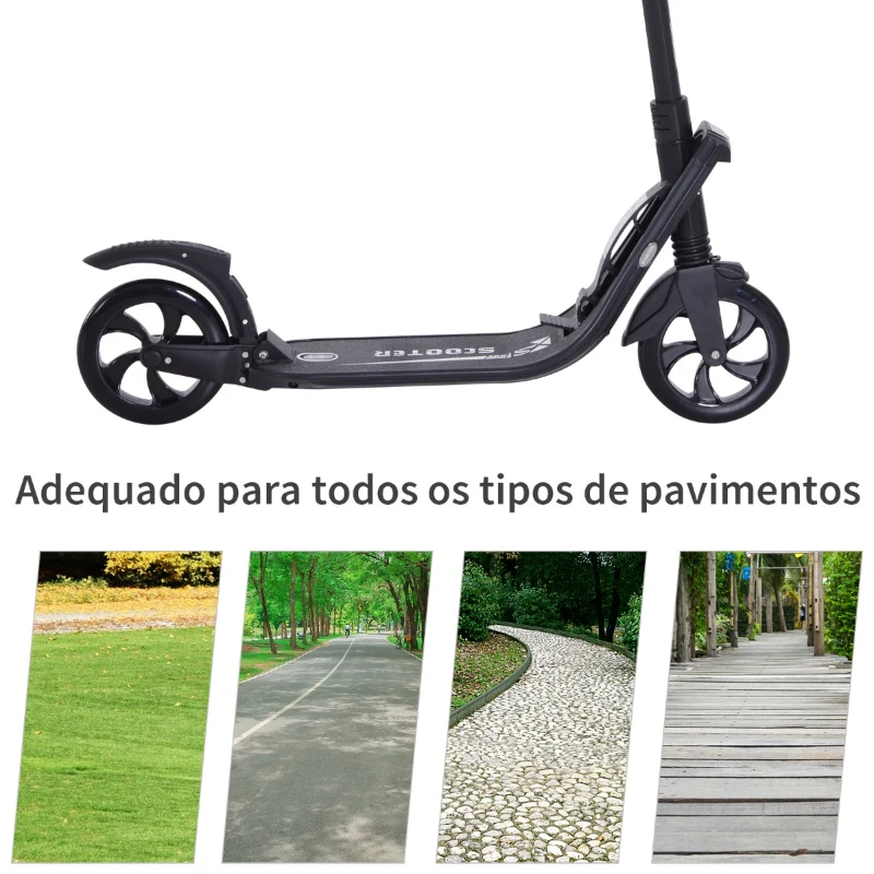 HOMCOM Trotinete Dobrável para Adultos e Crianças acima de 14 anos Guidão com Altura Ajustável Freio Rodas Grandes Carga 100kg 93,5x38x95-105cm Preto