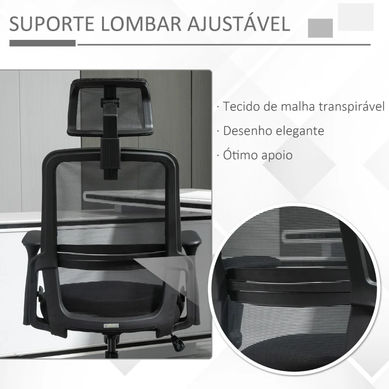 Vinsetto Cadeira de Escritório Ergonômica Cadeira de Escritório Giratória com Altura Ajustável Apoio para a Cabeça Suporte Lombar Reguláveis e Encosto Transpirável 63,5x64,5x113-122cm Preto