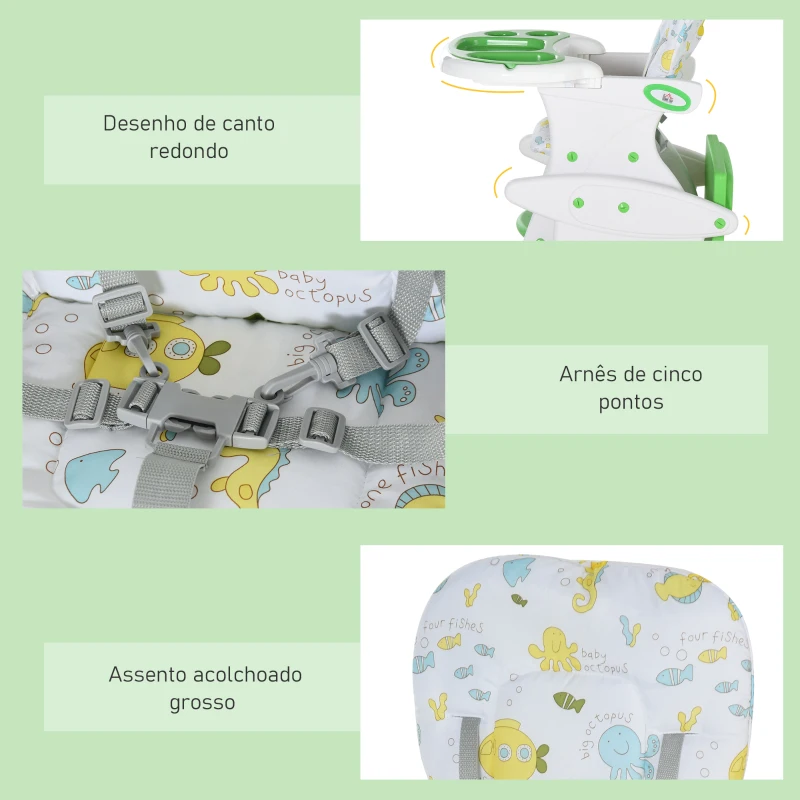 HOMCOM Cadeira para bebês acima de 6 meses 3 posições ajustáveis Acolchoado 57x59x105 cm Verde