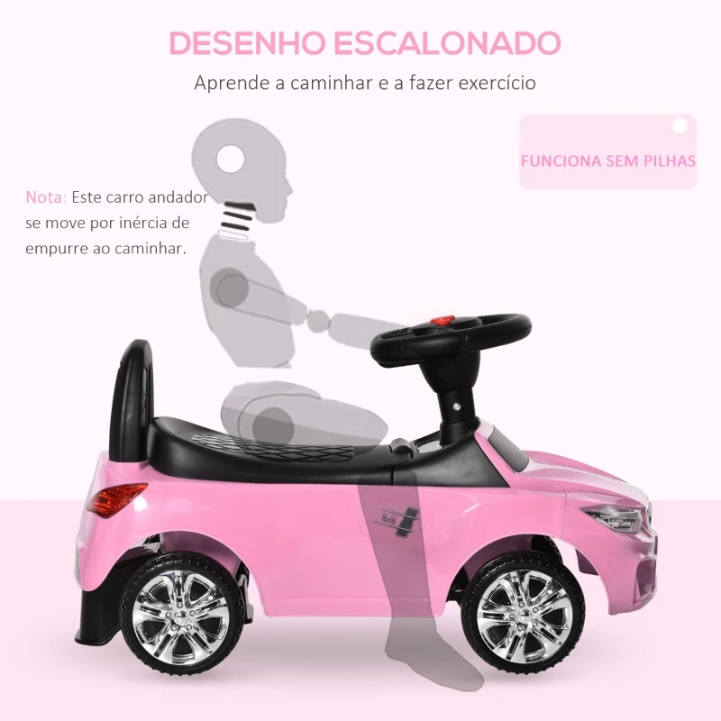 HOMCOM Carro Andador para Crianças de 18-36 Meses com Faróis Música Buzina Volante Compartimento de Armazenamento e Alça para Empurrar 63,5x28x36 Rosa