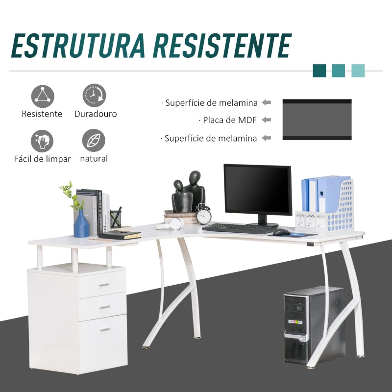 HOMCOM Secretária de Canto para Computador Secretária em Forma de L com 3 Gavetas Moderna para Escritório 143,5x143,5x76cm Branco