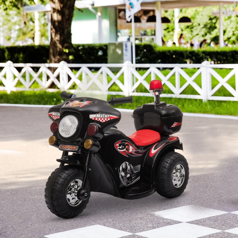 HOMCOM Mota Elétrica para Crianças de 18-36 Meses Motocicleta Infantil com 3 Rodas e Bateria 6V com Música Buzina Farol Baú 80x35x52cm Preto