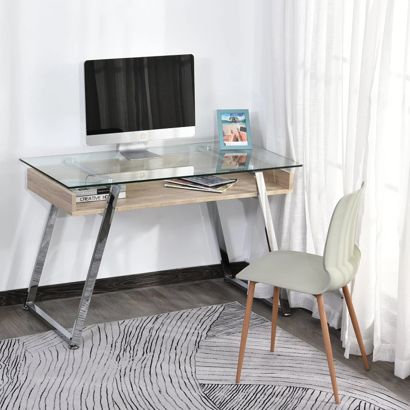 HOMCOM Mesa de Computador com Prateleira de Teclado Vidro Temperado 120x60x74,5 cm Carvalho