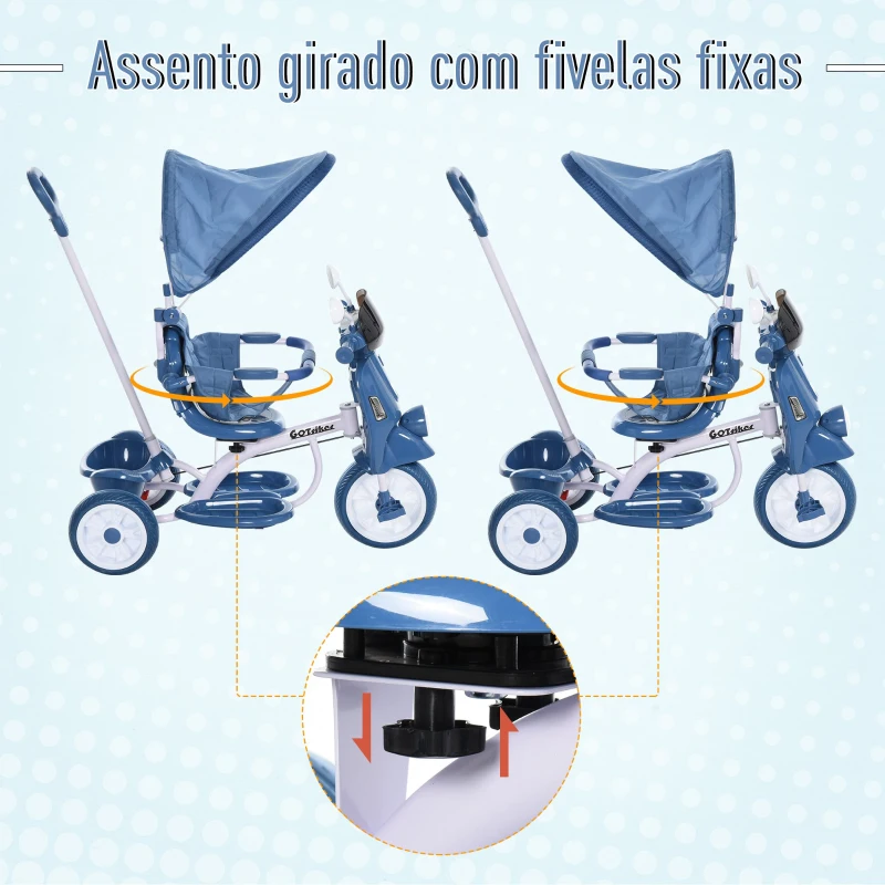 HOMCOM Triciclo infantil com toldo Barreira Apoio para os pés Luz e Música 93x51x94 cm Azul