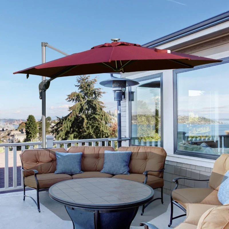 Outsunny Chapéu de Sol Excêntrico Φ300x248cm com Proteção UV 50+ Giratório 360º com Manivela Luzes LED Painel Solar e Teto Reclinável Vinho