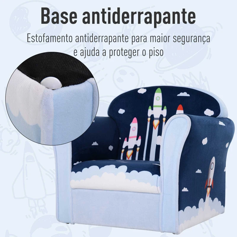 HOMCOM Poltrona para Crianças acima de 3 Anos com Desenhos de Foguete Estrutura de Madeira e Estofado em Flanela 50x39x44 cm Azul