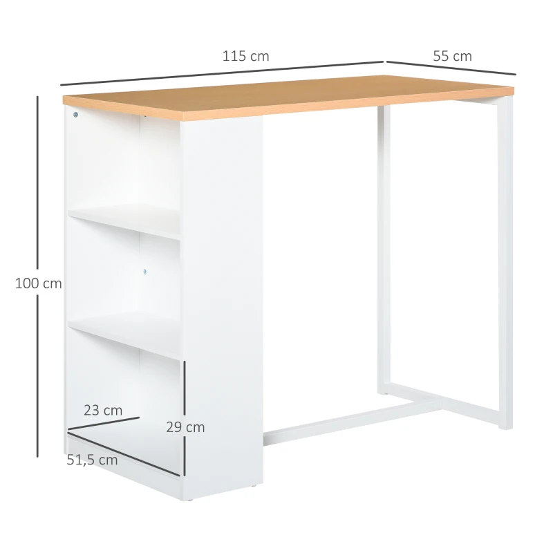 HOMCOM Mesa de bar Bistrô Mesa alta para jantar  com 3 prateleiras Estrutura metálica  Carga 100 kg 115x55x100 cm Branco e Carvalho