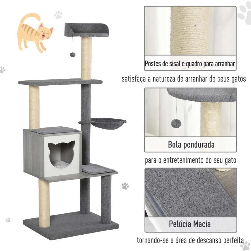 PawHut Árvore Arranhador para Gatos Grande 61x49x160,5cm Torre de Escalada de Múltiplos Níveis com Caverna Espaçosa Rede Postes e Brinquedo Suspenso Estofamento Suave Cinza