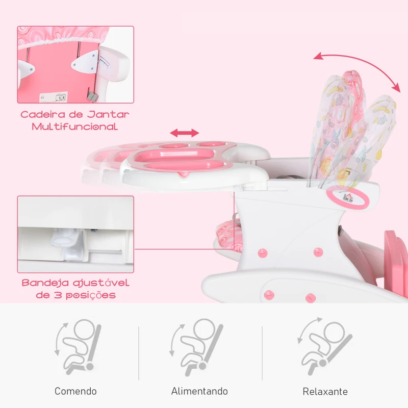 HOMCOM Cadeira para bebês acima de 6 meses 3 posições ajustáveis Acolchoado 57×59×105cm Rosa