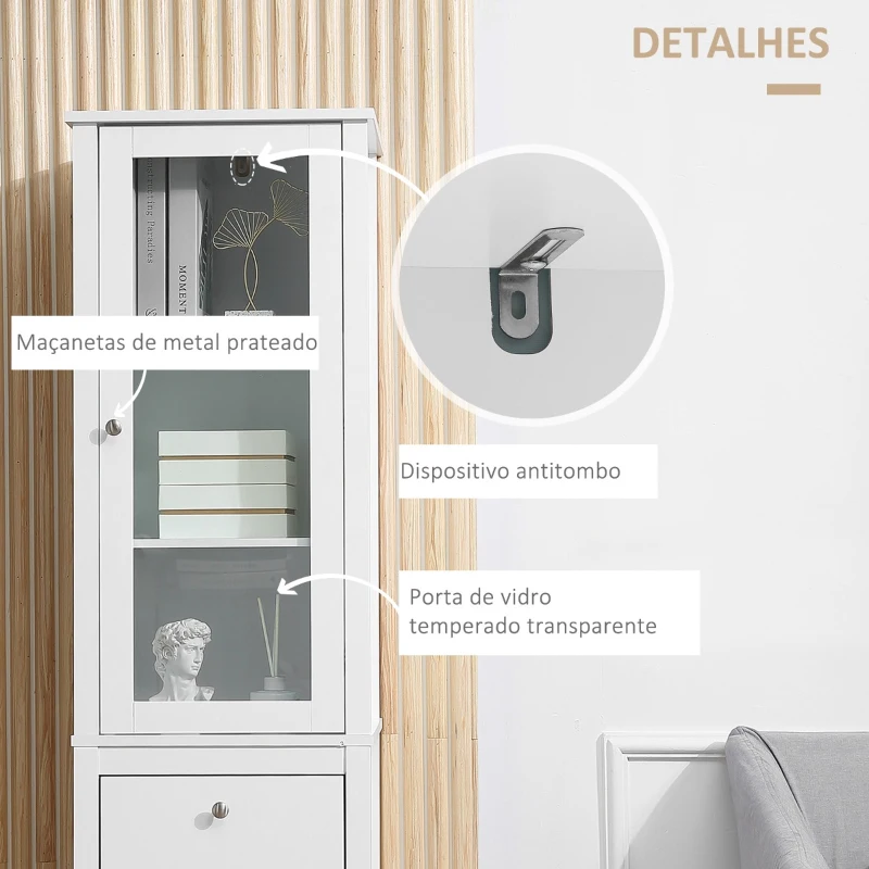 Kleankin Armário alto para banheiro Armário com 1 porta de vidro prateleiras ajustáveis  e 2 gavetas 43x35x160 cm Branco