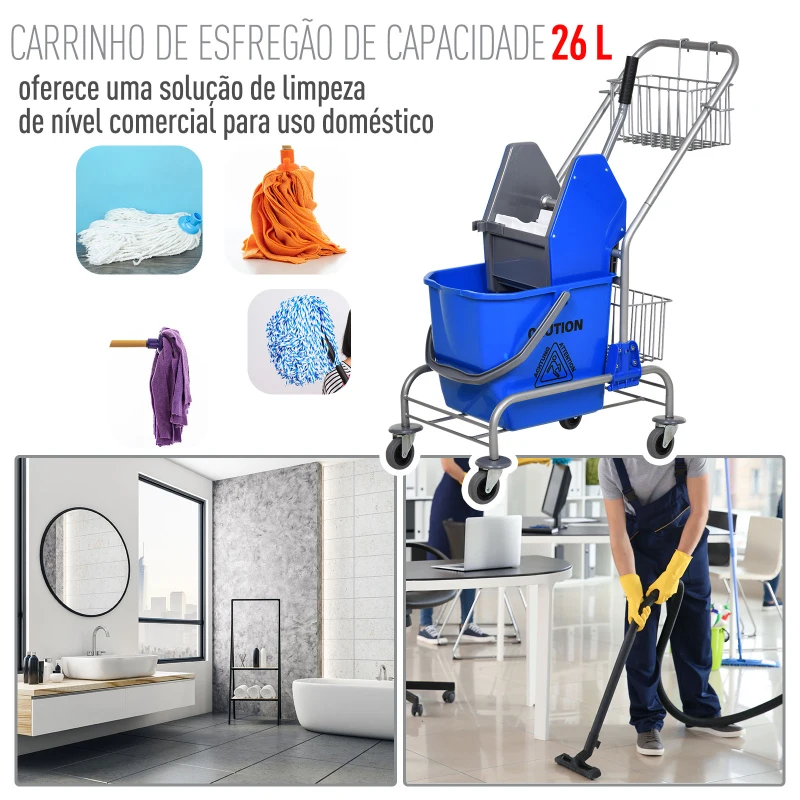 HOMCOM Carro de Limpeza Balde para Esfregona com Escorredor a Pressão Rodas e Cesto de Armazenamento Capacidade 26L 73x45x95 cm Azul