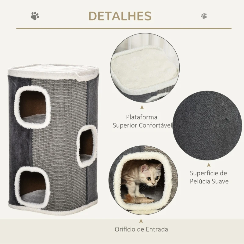 PawHut Arranhador em Forma de Cilindro para Gatos com 3 Cavernas de Sisal e Pelúcia Plataforma de Velo 40x40x74cm Cinza