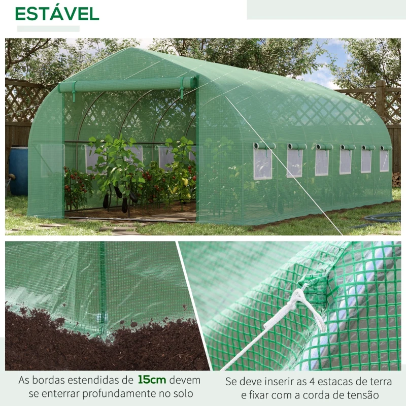 Outsunny Estufa Tipo Túnel 595x300x200cm Estufa de Jardim Grande com 12 Janelas e Porta Enrolável com Zíper para Cultivo de Plantas Verde