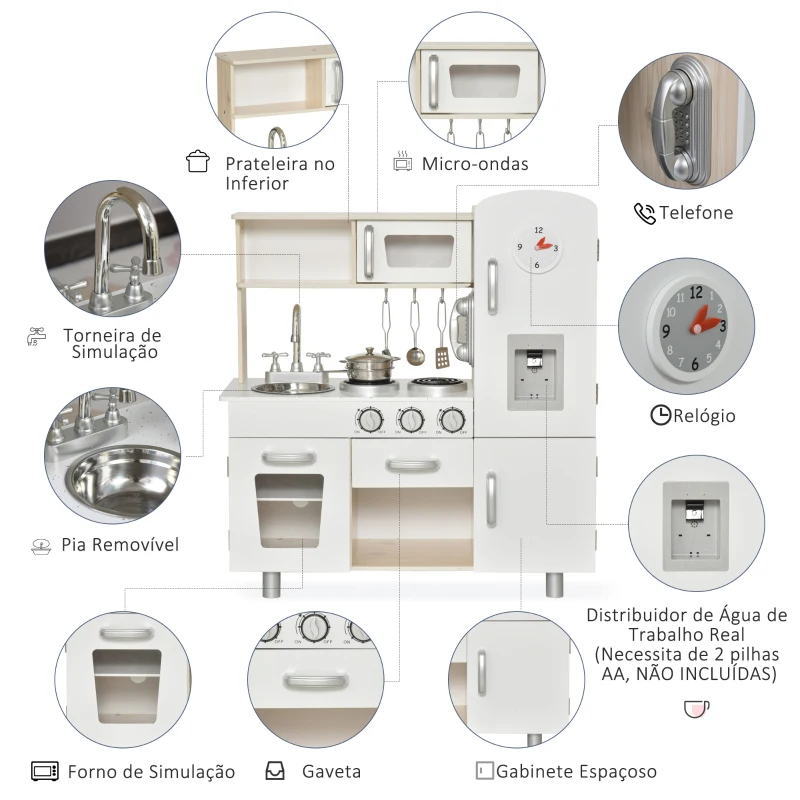 HOMCOM conjunto de brinquedo de cozinha para crianças acima de 3 anos inclui acessorios  74x30x81cm Branco