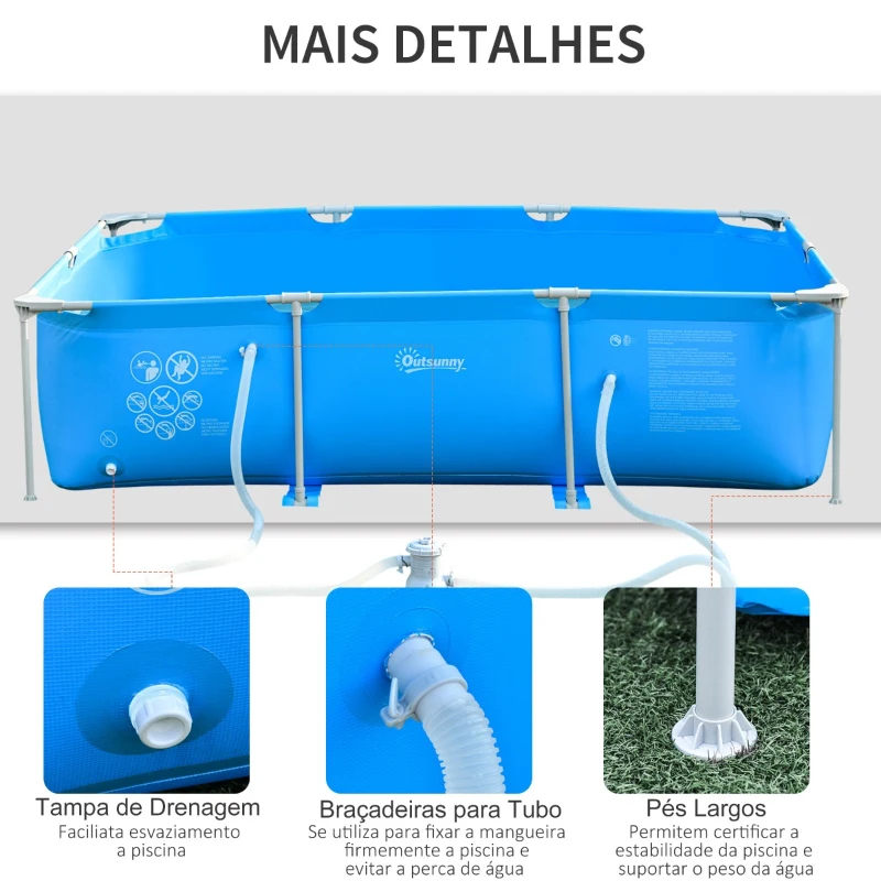 Outsunny Piscina Desmontável Tubular 291x190x75cm com Depuradora de Cartucho Piscina Retangular de Exterior para Adultos e Crianças 3600L Azul