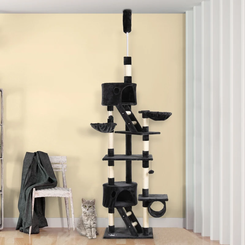 PawHut Árvore arranhador para Gatos com Altura Ajustável Plataformas Múltiplas Caverna Cestas e Escadas em Sisal Natural e Pelúcia 60x45x240-260 cm Cinza Escuro