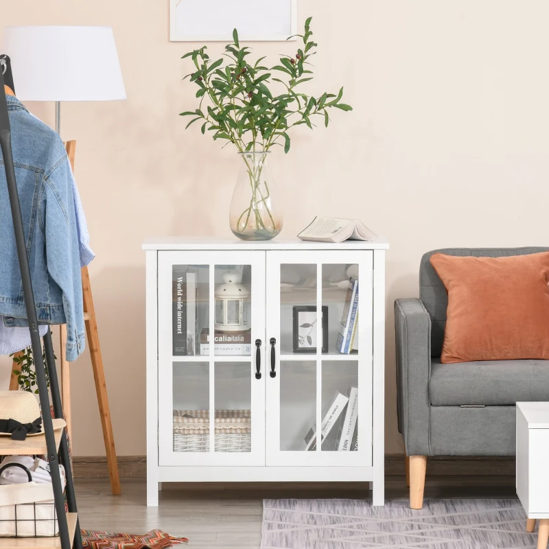 HOMCOM Aparador com 2 portas de vidro temperado Prateleira ajustável Armário multiuso  80x40x85,3 cm Branco