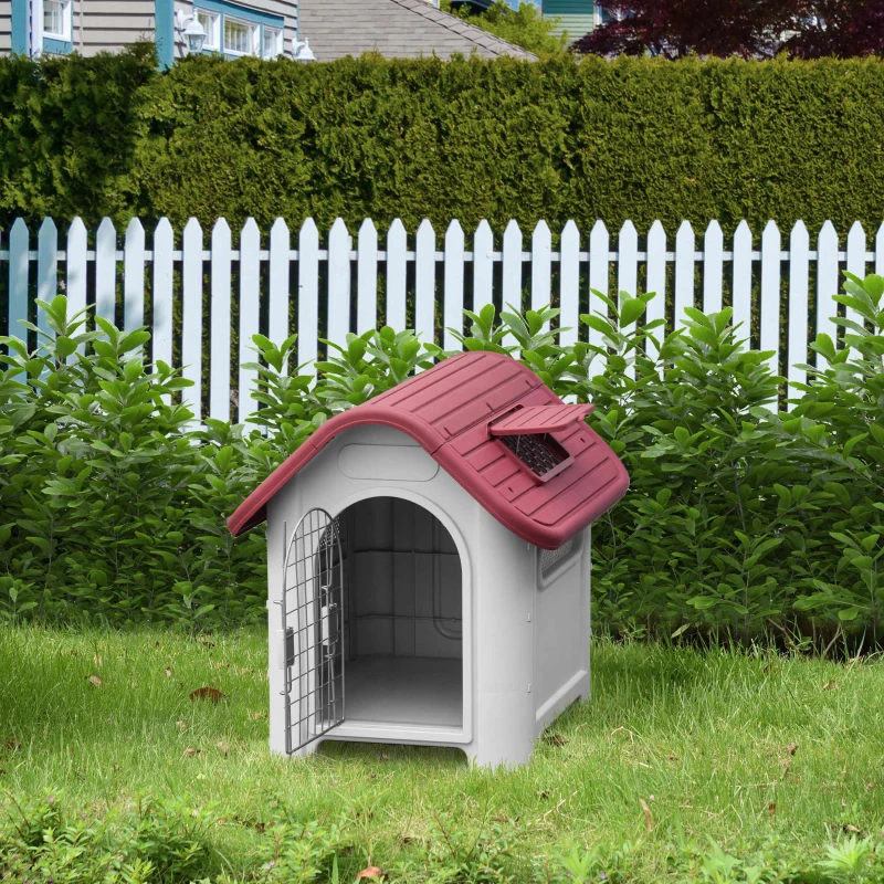PawHut Casota para Cães com Porta Removível Base Elevada 3 Respiradouros e Janela Casota de Cães para Interior e Exterior 59x75x66cm Cinza e Vermelho