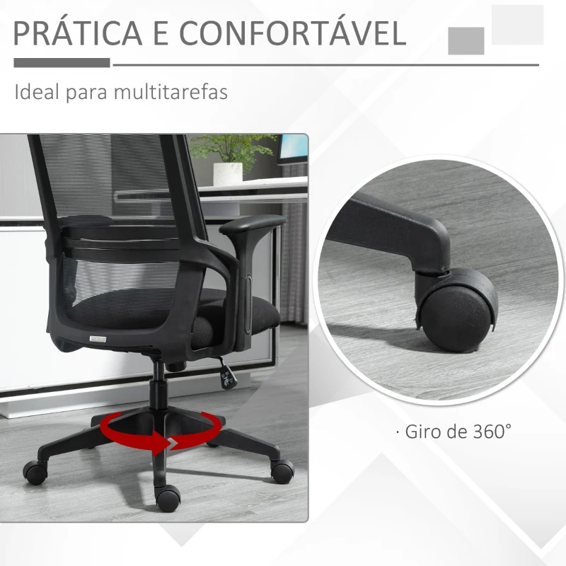 Vinsetto Cadeira de Escritório Ergonômica Cadeira de Escritório Giratória com Altura Ajustável Apoio para a Cabeça Suporte Lombar Reguláveis e Encosto Transpirável 63,5x64,5x113-122cm Preto