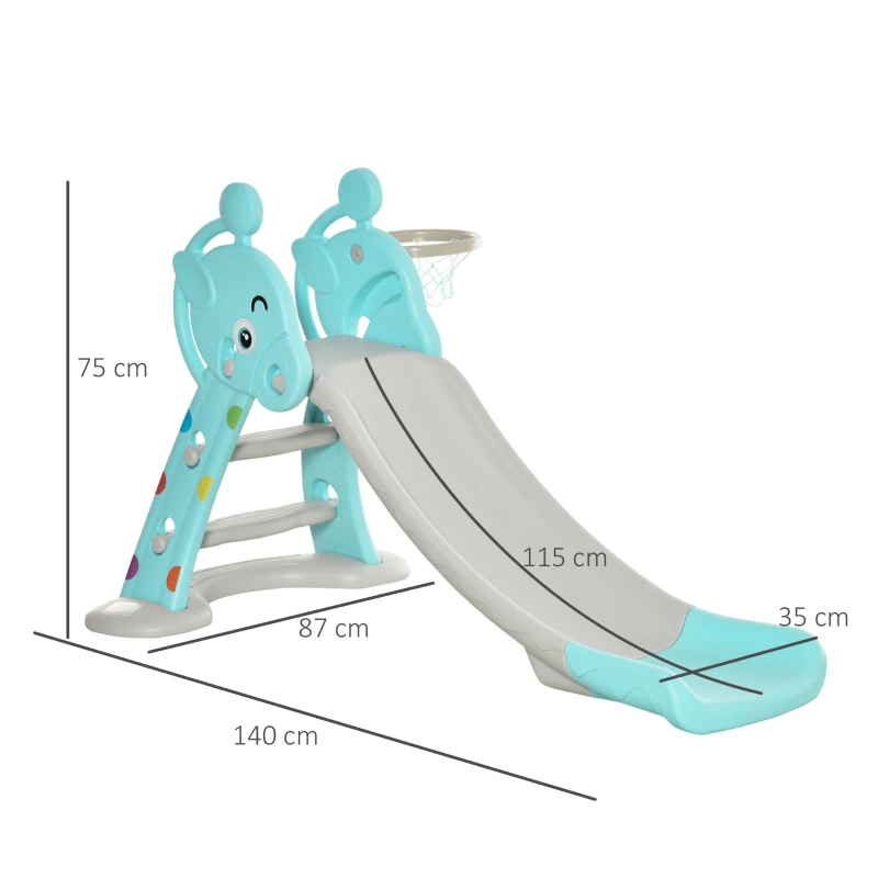 HOMCOM Escorrega Infantil Dobrável com Cesta de Basquetebol para Crianças acima de 18 meses Modelo Girafa para Interiores e Exteriores 140x87x75cm Azul e Cinza