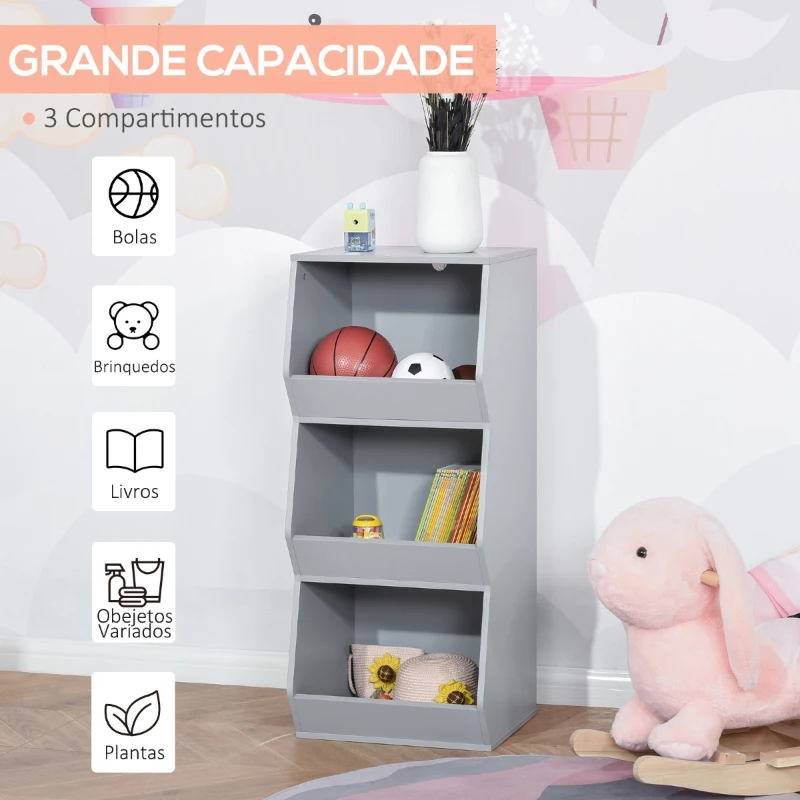 HOMCOM Estante Infantil de Madeira para Crianças com 3 Prateleiras de Armazenamento para Brinquedos Livros 38x34,5x90cm Cinza