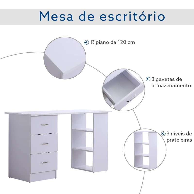 HOMCOM Mesa de Computador de Mesa para Casa Escritório 3 Gavetas 3 Prateleiras Móveis de Escritório 120x49x72 cm