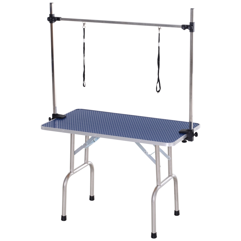 PawHut Mesa de tosquia para animais de estimação dobrável de aço inoxidavel e prateleira de armazenamento 107x60x170cm Azul