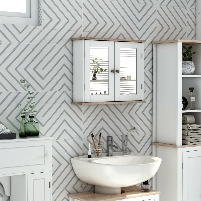 Kleankin Armário de banheiro montado na parede com espelho  2 portas Prateleira ajustável em 3 posições  56x14x46 cm Branco