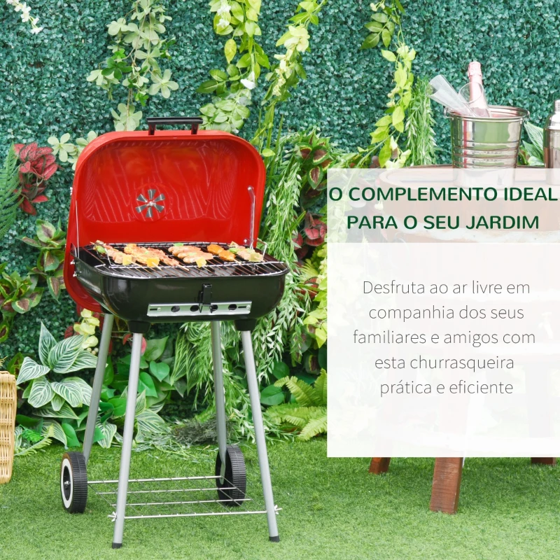 Outsunny Barbecue a Carvão com Rodas e Prateleira e Tampa para Jardim Exterior Campismo 46x52,5x76cm Vermelho e Preto