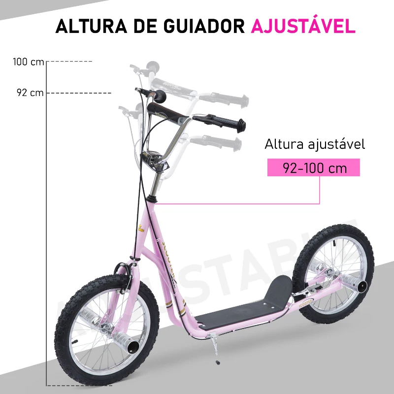 HOMCOM Trotinete com 2 Rodas de 16 Polegadas Trotinete para Crianças com Altura Ajustável e Freio 143x58x92-100 cm Rosa