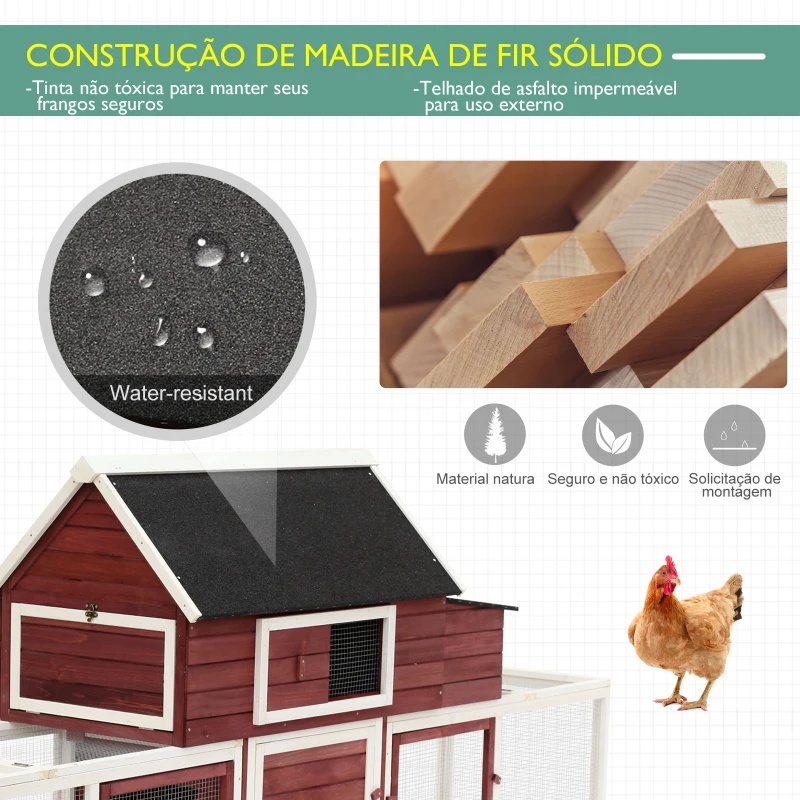 PawHut Galinheiro externo de madeira com 2 gabinetes para execução rampa e ninho com telhado de asfalto 290x71x119 cm Vermelho