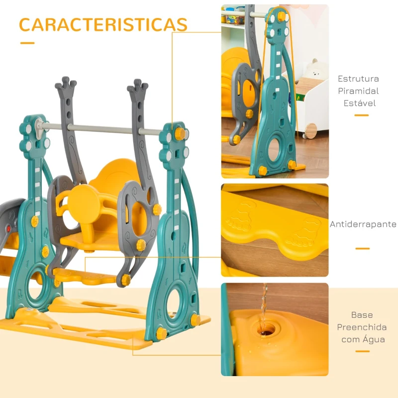 HOMCOM Escorega Infantil com Baloiço e Cesta de Basquetebol 3 em 1 para 18-36 Meses com Assento Ajustável Parque Infantil para Interior e Exterior 152x149x107cm Multicor