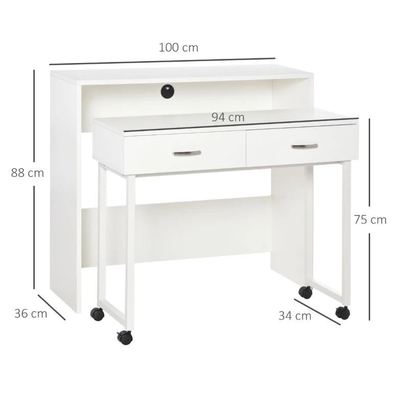 HOMCOM Conjunto de 2 mesas secretária para escritório com rodas 2 gavetas 100x36x88 cm Branco