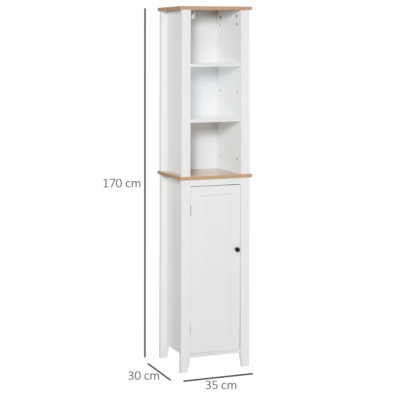 Kleankin Armário de banheiro alto com 3 prateleiras abertas  armário de porta prateleira ajustável  máx. 40kg 35x30x170 cm Branco