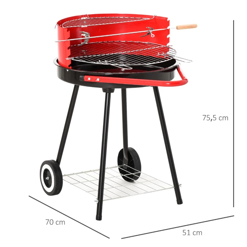 Outsunny Barbecue a Carvão com Rodas Grelha com Altura Ajustável e Prateleira de Armazenamento 51x70x75,5 cm Preto e Vermelho