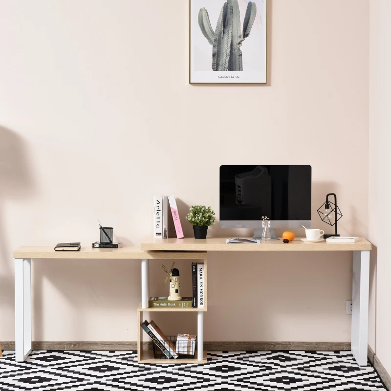 HOMCOM Secretária em forma de L  giratória de 360º  com prateleira de 2 níveis em S Grande espaço de armazenamento 220x55x76 cm Carvalho