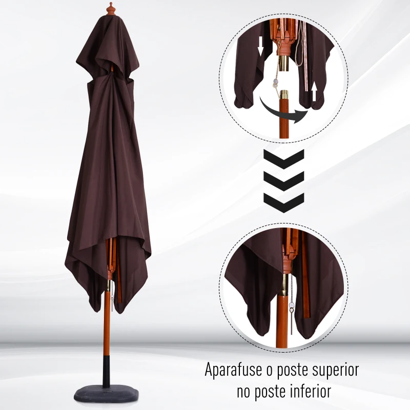 Outsunny Chapéu de Sol de Jardim com Teto Duplo Sistema de Polia Toldo de Poliéster Impermeável 3x3x2,97m Marrom