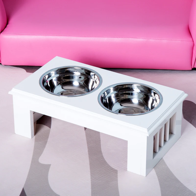 PawHut Comedouro Elevado para Cães com Suporte e 2 Tigelas Amovíveis de Aço Inoxidável Alimentador para Animais de Estimação 44x24x15 cm Branco